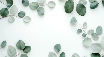 AI generated eucalyptus leaves background on white marble, photo