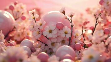 AI generated easter eggs are sitting on petals and a pink background, photo