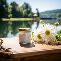 ai generado crema en un tarro en mesa por lago con flores, foto