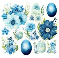 AI generated easter blue watercolor eggs and green flowers clip art, photo