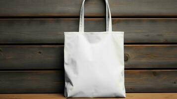 AI generated Cotton white plain tote bag ith blank front, realistic on a mockup template in a wooden table photo