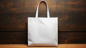 AI generated Cotton white plain tote bag ith blank front, realistic on a mockup template in a wooden table photo