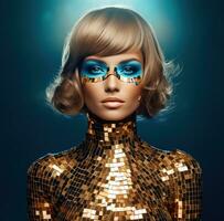 AI generated elegant photo shoot in a disco head costume,