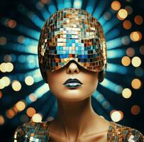 AI generated elegant photo shoot in a disco head costume,