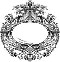 Modern Strap-Work Frame have two animals face and leaves pattern, vintage engraving. vector