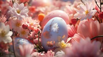 AI generated colorful easter eggs sitting around the flowers, photo