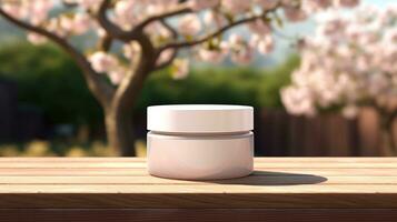 AI generated Cosmetic product with blank front, realistic on a mockup template in a wooden table in a spring garden photo