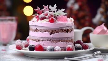 AI generated colorful christmas cake with whipped cream and cookies photo