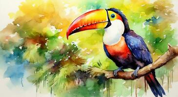 AI generated colorful toucan painting with watercolor, photo