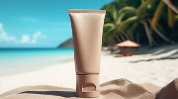 AI generated Cosmetic product with blank front, realistic on a mockup template in a sand in a tropical beach photo
