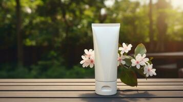 ai generado cosmético producto con blanco frente, realista en un Bosquejo modelo en un de madera mesa en un primavera jardín foto