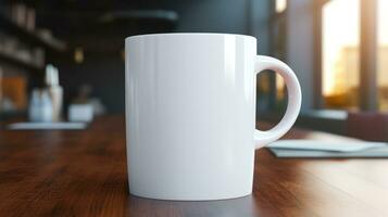 AI generated Cup with blank front, realistic on a mockup template in a desk in a modern office, photo