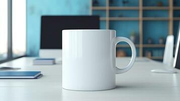 AI generated Cup with blank front, realistic on a mockup template in a desk in a modern office, photo