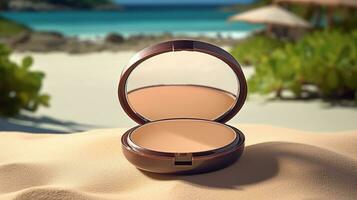 AI generated Cosmetic product with blank front, realistic on a mockup template in a sand in a tropical beach photo