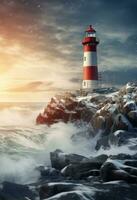 AI generated blue sea in the winter landscape background lighthouse photo