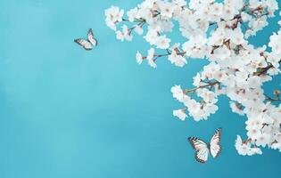 AI generated butterfly with white flowers on the blue background, photo