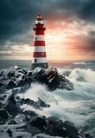 AI generated blue sea in the winter landscape background lighthouse photo