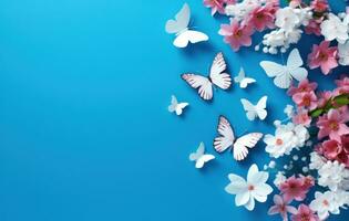 AI generated butterfly with white flowers on the blue background, photo