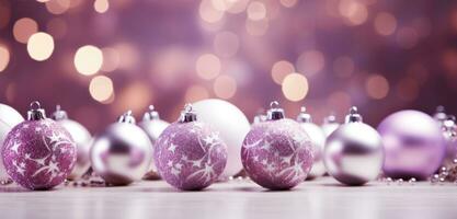 AI generated christmas baubles sitting on top of a wooden table with snowflakes, photo