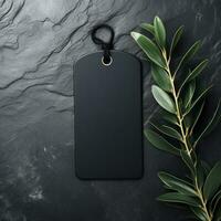 AI generated black blank tag with blank front realistic on a mockup template in a black stone table photo