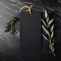 AI generated black blank tag with blank front realistic on a mockup template in a black stone table photo
