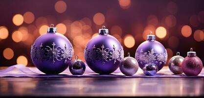 AI generated christmas baubles sitting on top of a wooden table with snowflakes, photo