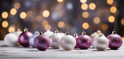 AI generated christmas baubles sitting on top of a wooden table with snowflakes, photo