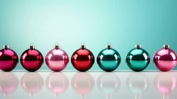 AI generated christmas baubles line up in rows on a shiny surface, photo