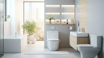 AI generated clean white room with toilet, mirror, table and sink, photo