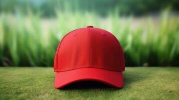 AI generated Athlete modern baseball red cap with realistic on a mockup template in a grass in a stadium photo