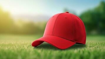 AI generated Athlete modern baseball red cap with realistic on a mockup template in a grass in a stadium photo