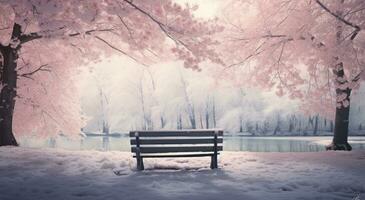 AI generated bench in winter and snow surrounded by trees with snow photo