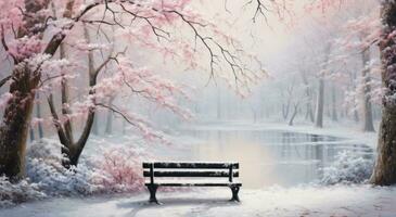AI generated bench in winter and snow surrounded by trees with snow photo