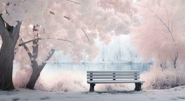 AI generated bench in winter and snow surrounded by trees with snow photo
