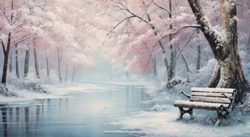 AI generated bench in winter and snow surrounded by trees with snow photo