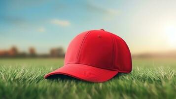 AI generated Athlete modern baseball red cap with realistic on a mockup template in a grass in a stadium photo