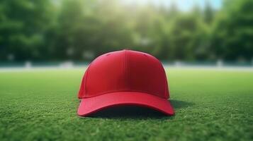 ai generado atleta moderno béisbol rojo gorra con realista en un Bosquejo modelo en un césped en un estadio foto