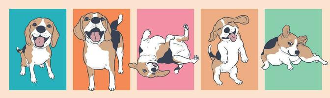 linda dibujos animados beagle perro colocar, dibujos animados perro personaje diseño con plano colores en varios poses vector