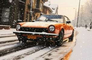 ai generado un naranja coche en un nieve cubierto calle, foto