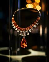 AI generated an orange necklace on display at a nightclub, photo