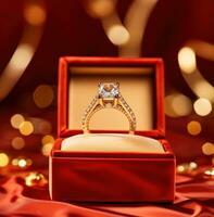 AI generated an orange and red engagement ring with red diamonds is sitting in a red box, photo