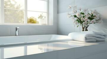 ai generado un imagen de el mesa en un moderno blanco baño, foto