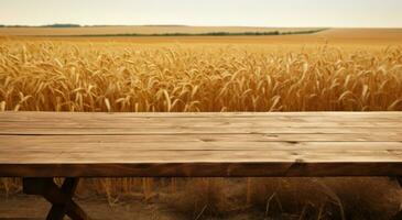 AI generated an old wood table next to a wheat field, photo