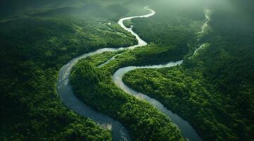 AI generated aerial view of a river flowing in middle of a forest, photo