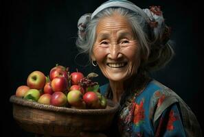 ai generado un mayor mujer sonriente con un cesta lleno de manzanas, foto