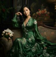 ai generado un asiático mujer vistiendo un verde vestido, foto