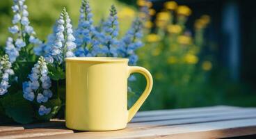 AI generated a yellow mug full of delphiniums outside in the sunlight, photo