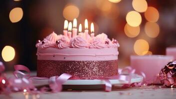 AI generated an elegant pink cake is sitting on a wooden plate with christmas lights in the background, photo