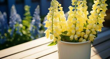 AI generated a yellow mug full of delphiniums outside in the sunlight, photo