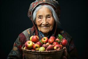 ai generado un mayor mujer sonriente con un cesta lleno de manzanas, foto